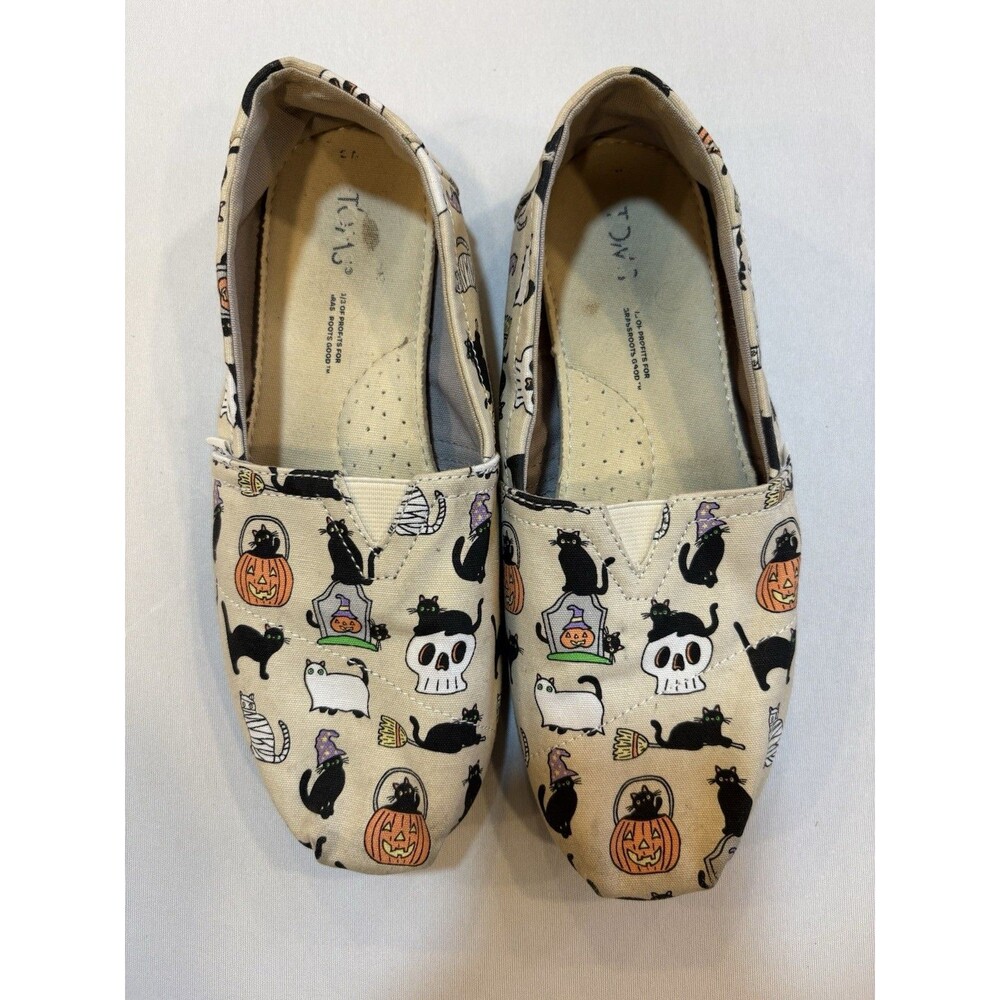 Toms Halloween Black Cat Belmont Shoes Size 6 Women Used Skulls & Pumpkins
